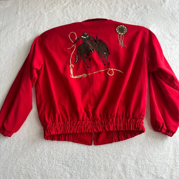 Vintage 90s Jacket by Design Rodeo Western Red Appliquéd Horses Shoulder Pads - Picture 6 of 6